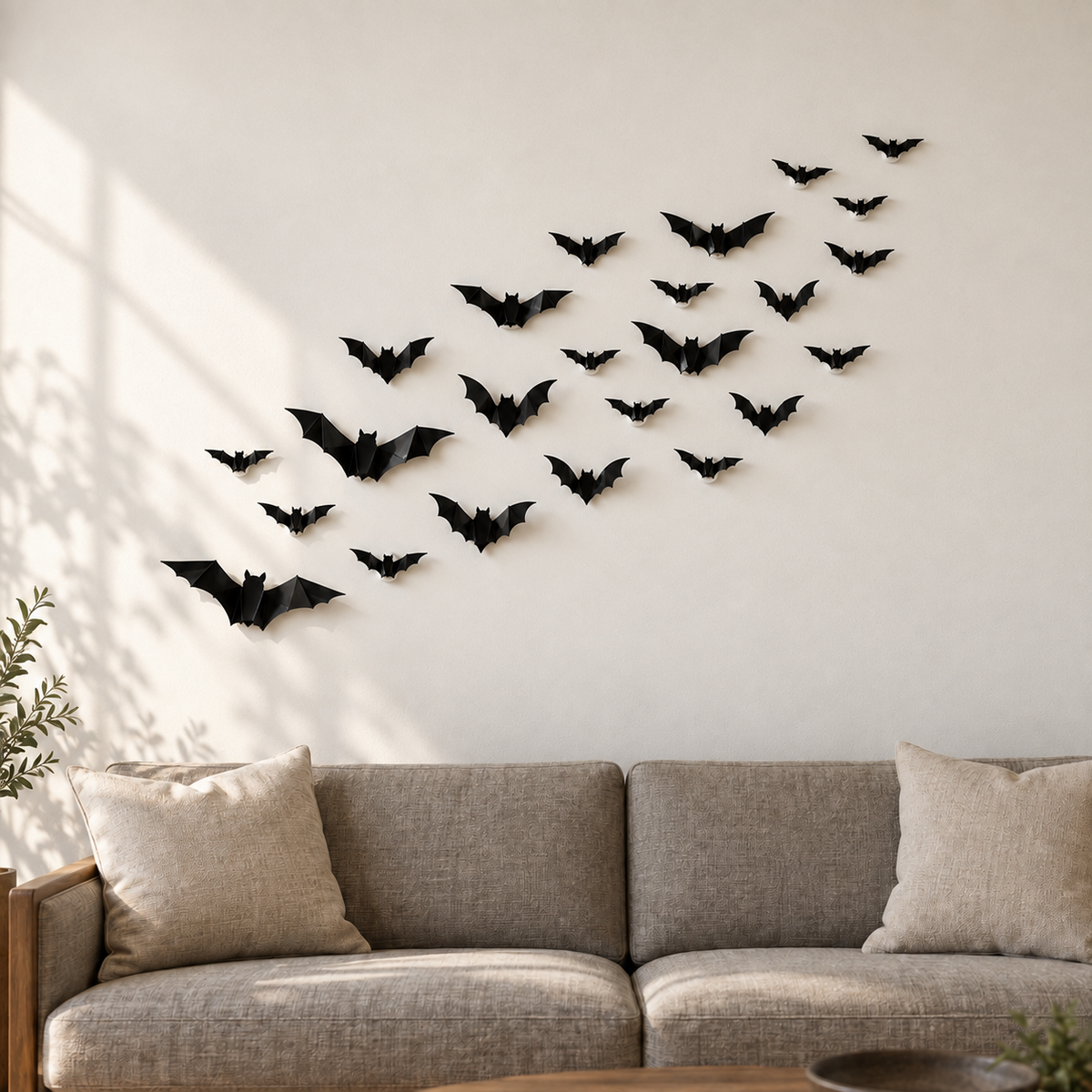 Black 3D bat decorations in five sizes flying across a pale living room wall above a sofa in daylight