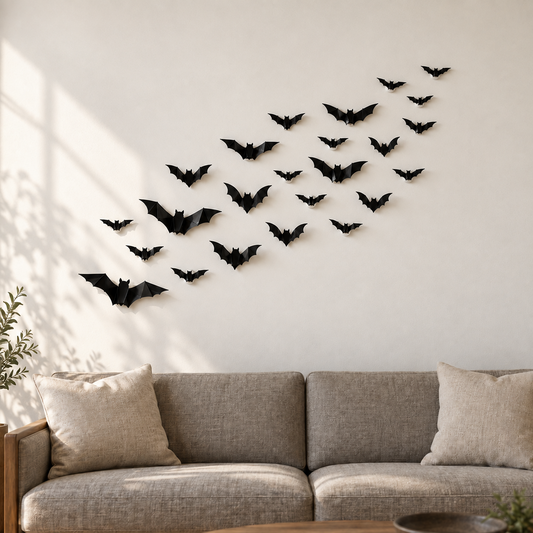Black 3D bat decorations in five sizes flying across a pale living room wall above a sofa in daylight