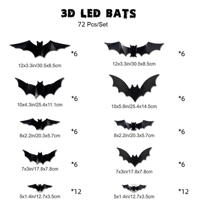 Chart of the 72 bat pack showing ten bat designs in five sizes and how many of each