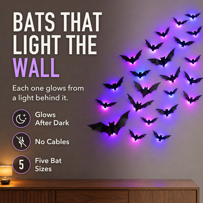 Black LED bat decorations glowing purple on a living room wall in the evening, with the words Bats That Light The Wall, Glows After Dark, No Cables and Five Bat Sizes