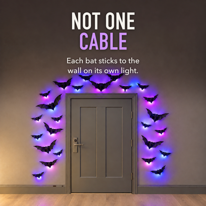 LED bats glowing in an arch around a front door with no cables anywhere, with the words Not One Cable
