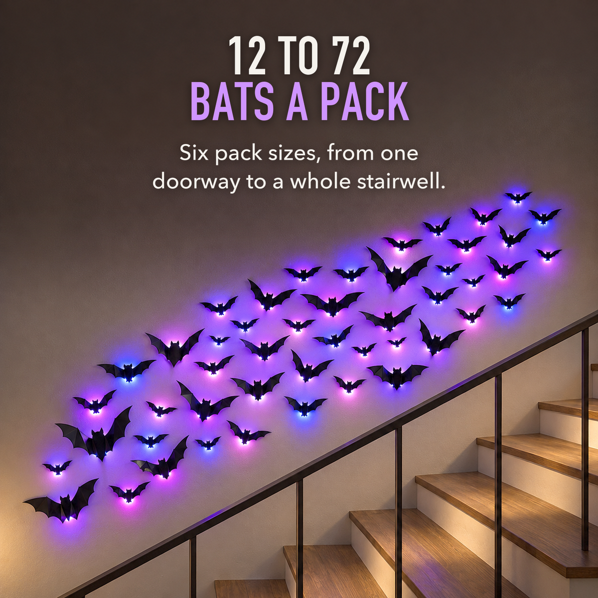 A large flock of glowing LED bats rising up a staircase wall in the evening, with the words 12 to 72 Bats a Pack