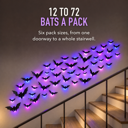 A large flock of glowing LED bats rising up a staircase wall in the evening, with the words 12 to 72 Bats a Pack