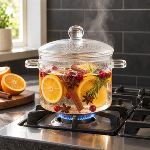Clear glass cooking pot with lid simmering orange slices, cinnamon and rosemary on a gas stove