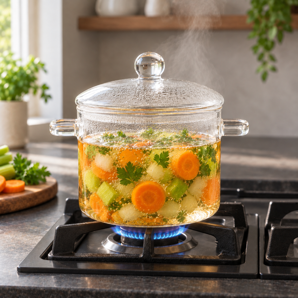 Glass cooking pot with lid on a gas burner, carrots and celery visible in the broth through the side