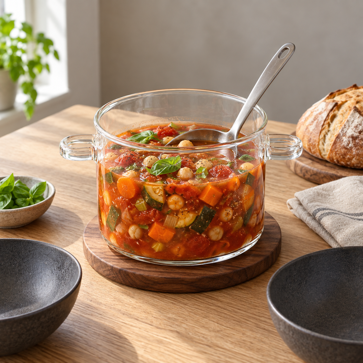 Glass cooking pot of vegetable stew on a wooden trivet on a dining table beside two bowls