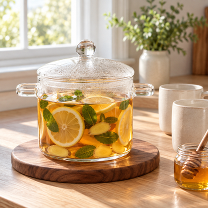 Glass pot with lid holding ginger and lemon tea on a wooden board by a kitchen window