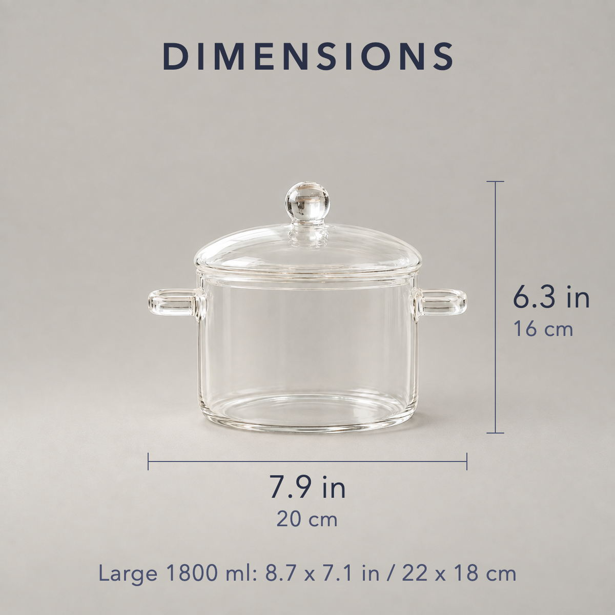 Dimensions of the glass cooking pot, 7.9 inches across the handles and 6.3 inches high