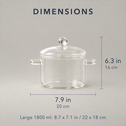 Dimensions of the glass cooking pot, 7.9 inches across the handles and 6.3 inches high