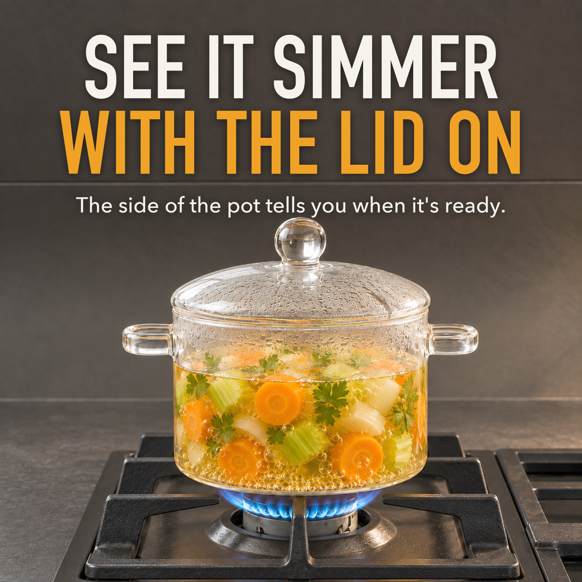 Vegetable broth simmering in a clear glass cooking pot with the lid on, with the words See It Simmer With The Lid On
