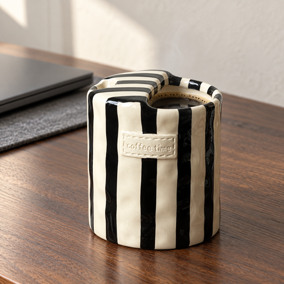 Black striped handleless ceramic cup of coffee on a walnut desk beside a closed laptop in morning light