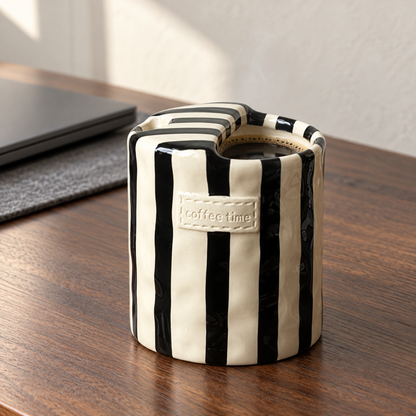 Black striped handleless ceramic cup of coffee on a walnut desk beside a closed laptop in morning light