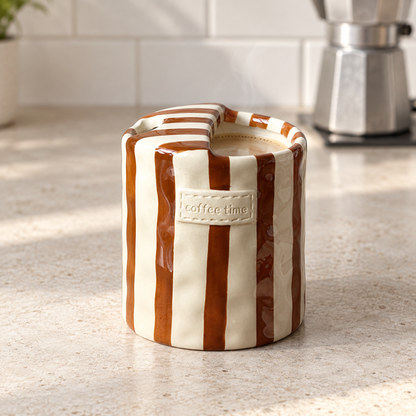 Brown striped ceramic cup with a folded top holding milky coffee on a pale stone kitchen worktop