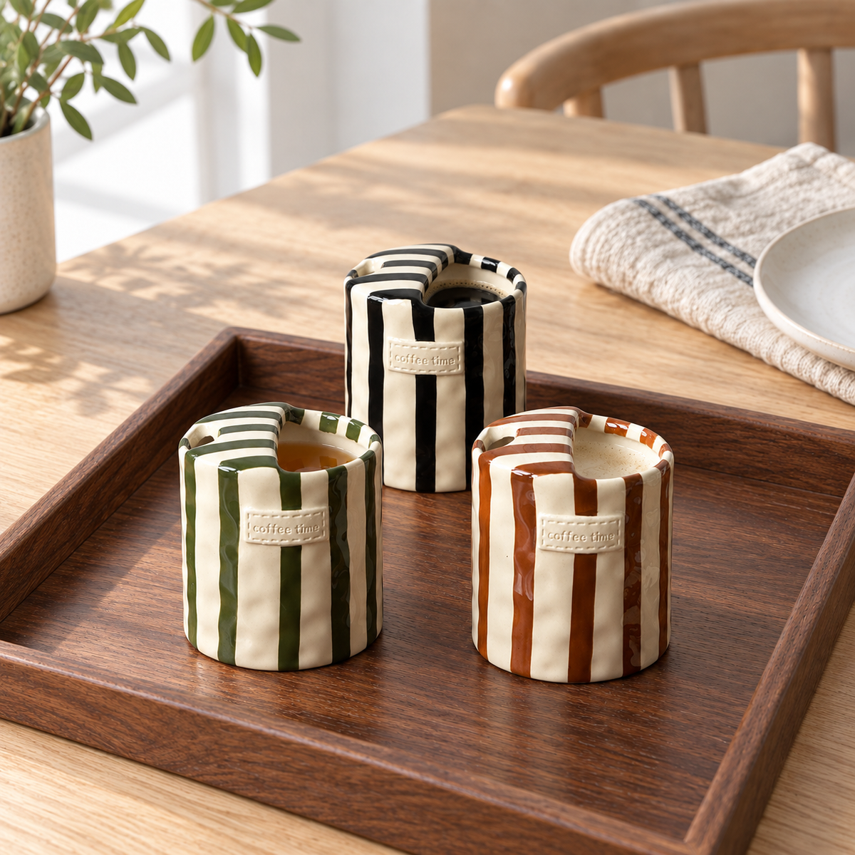 Black, brown and green striped ceramic cups on a walnut tray on a breakfast table