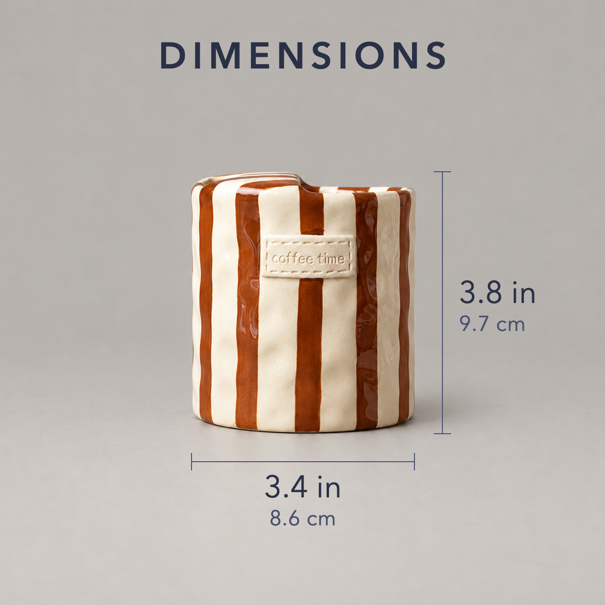 Dimensions of the striped ceramic cup: 3.4 inches across and 3.8 inches tall