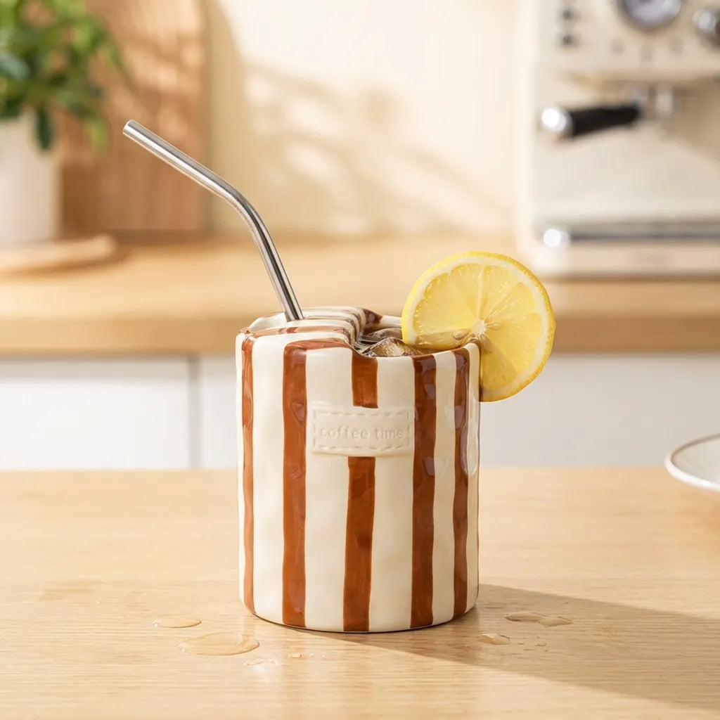 Brown striped ceramic cup with an iced drink, a steel straw and a lemon slice on a kitchen counter
