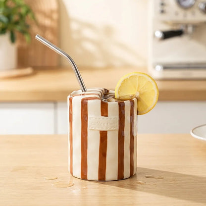 Brown striped ceramic cup with an iced drink, a steel straw and a lemon slice on a kitchen counter
