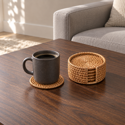 Woven rattan coaster under a charcoal coffee mug on a walnut coffee table, with the round rattan holder and stacked coasters beside it
