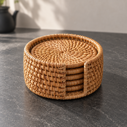 Round woven rattan coaster holder with six stacked rattan coasters on a charcoal stone kitchen counter
