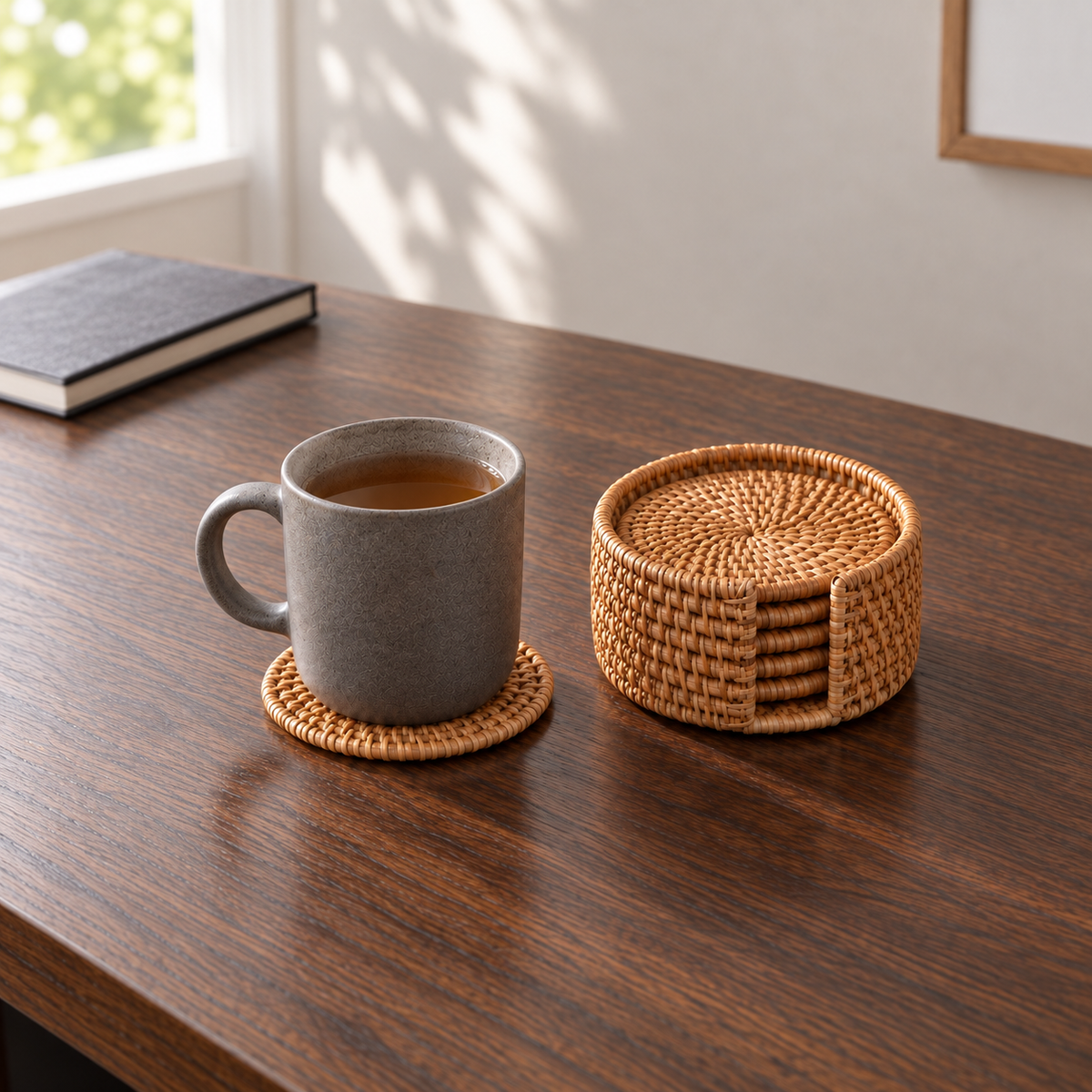 Rattan coaster under a grey mug of tea on an oak desk, with the woven holder and five stacked coasters behind it