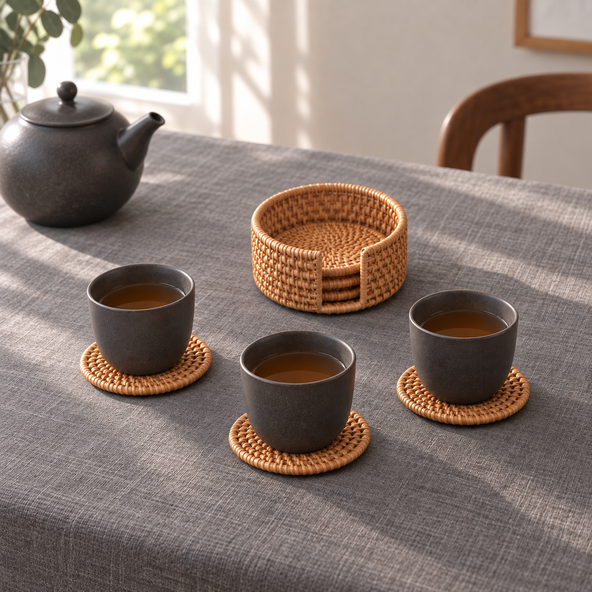Three charcoal tea cups on woven rattan coasters on a grey linen tablecloth, with the rattan holder and remaining coasters behind