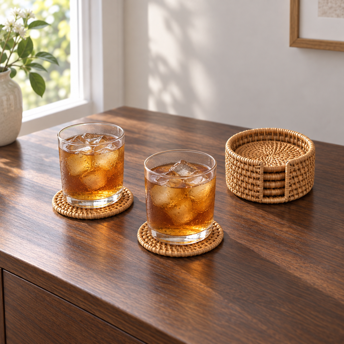Two glasses of iced tea on woven rattan coasters on a walnut sideboard in window light, with the rattan holder behind