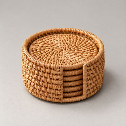 Round woven rattan coaster holder with six stacked coasters showing through the slot in its side, on a plain grey background