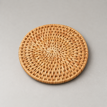 Close view of one round rattan coaster showing the sunburst weave radiating from its center to a wrapped border