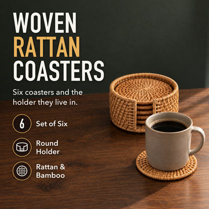 Woven rattan coaster set in its round holder with one coaster under a mug of coffee on a walnut table, with the words Woven Rattan Coasters, Set of Six, Round Holder and Rattan & Bamboo