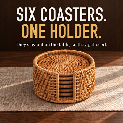 Six woven rattan coasters stacked in their round rattan holder on a walnut sideboard, with the words Six Coasters. One Holder.