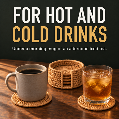 A mug of coffee and a glass of iced tea each on a woven rattan coaster, with the rattan holder behind, and the words For Hot and Cold Drinks