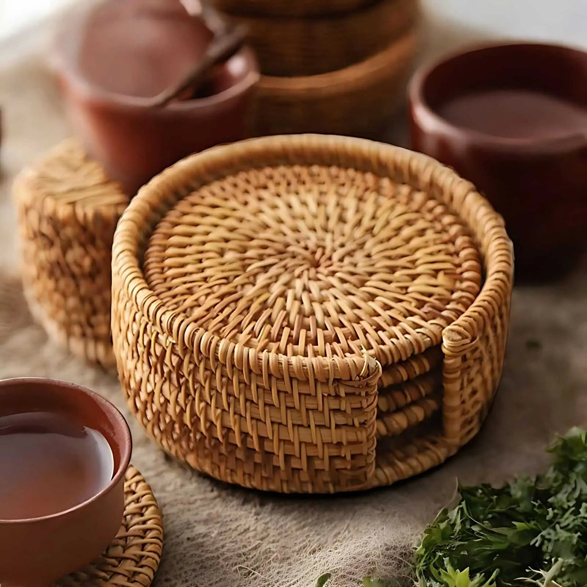 Round rattan holder with stacked woven coasters beside cups of tea