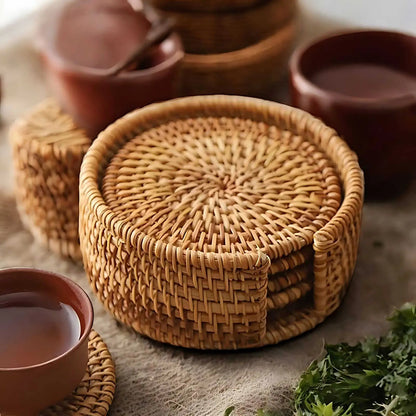 Round rattan holder with stacked woven coasters beside cups of tea