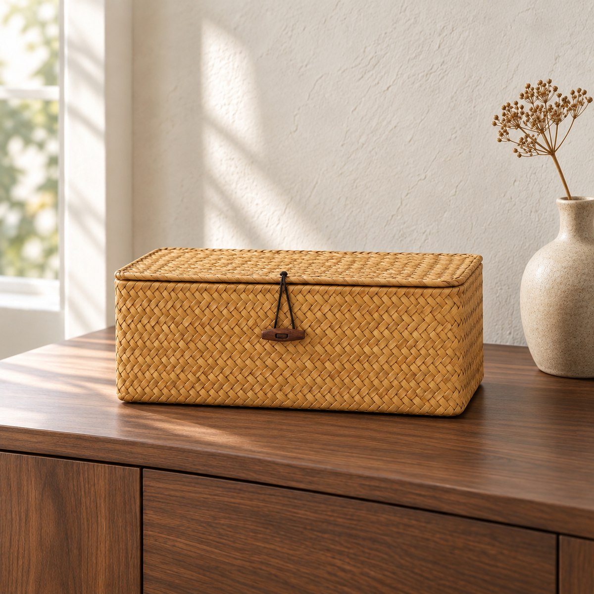 Medium seaweed storage basket with its lid closed on a walnut sideboard in a bright living room