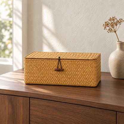 Medium seaweed storage basket with its lid closed on a walnut sideboard in a bright living room