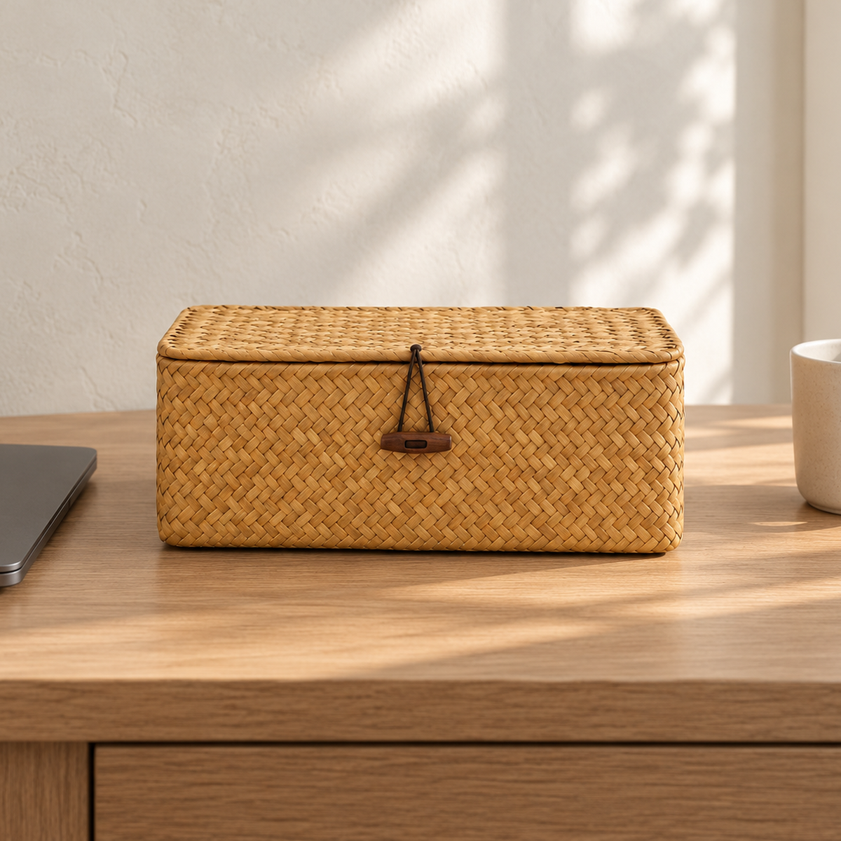 Small seaweed storage basket with the lid closed on an oak desk beside a closed laptop