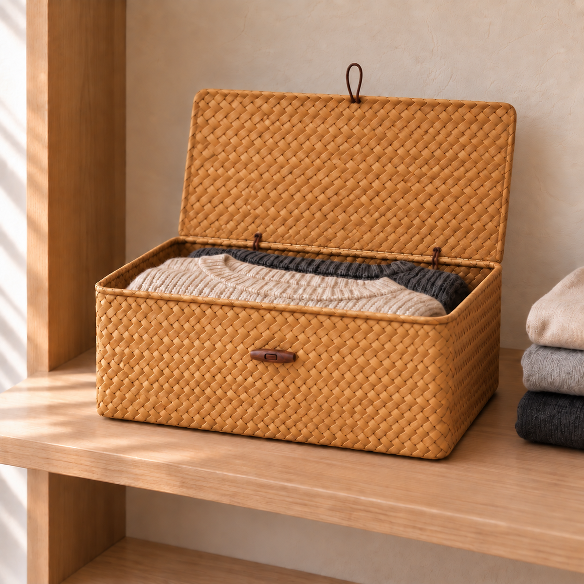 Large seaweed storage basket open on a wardrobe shelf with folded sweaters inside