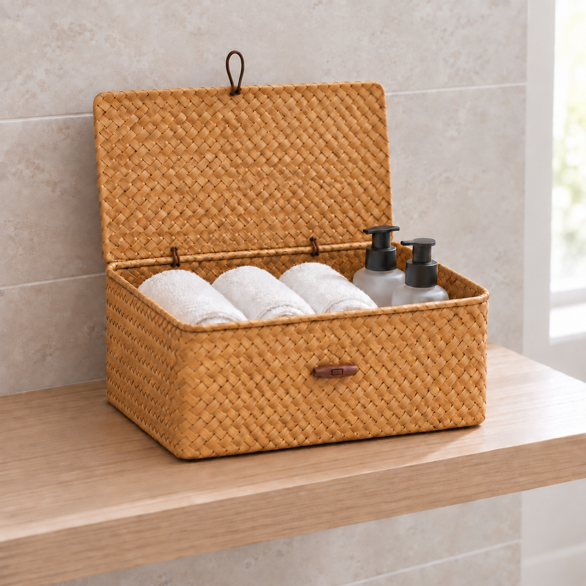 Seaweed storage basket open on a bathroom shelf holding rolled hand towels and plain bottles