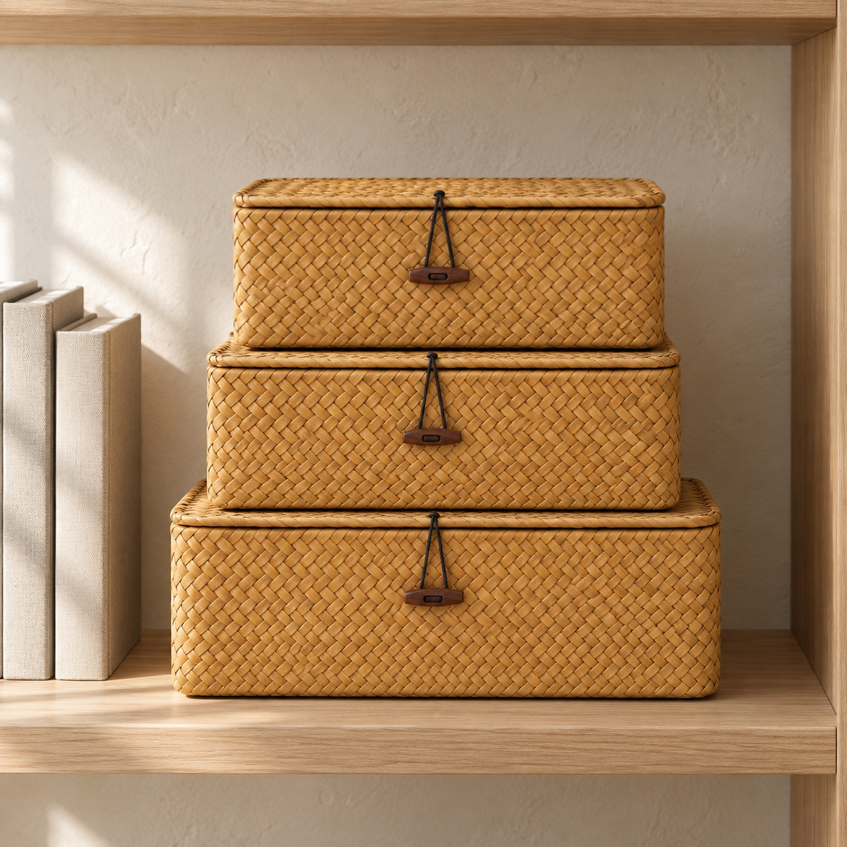 Large, medium and small seaweed storage baskets stacked on a bookcase shelf with their lids closed