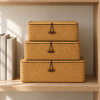 Large, medium and small seaweed storage baskets stacked on a bookcase shelf with their lids closed