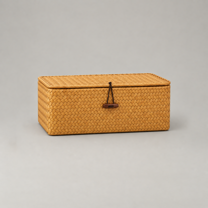 Seaweed storage basket in medium size on a plain grey background, showing the herringbone weave and loop closure