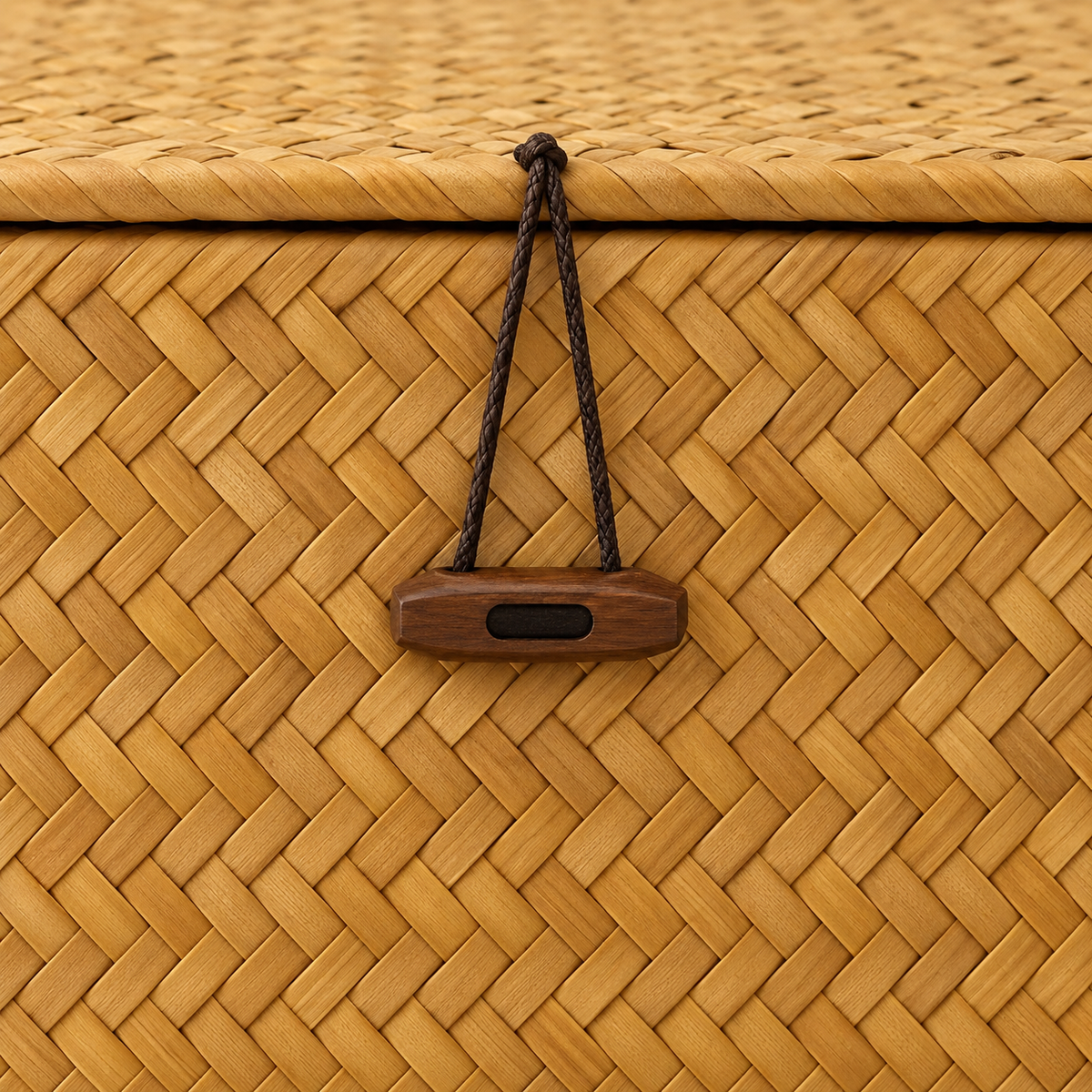 Close-up of the cord loop over the toggle on the front of the seaweed basket, with the herringbone weave around it