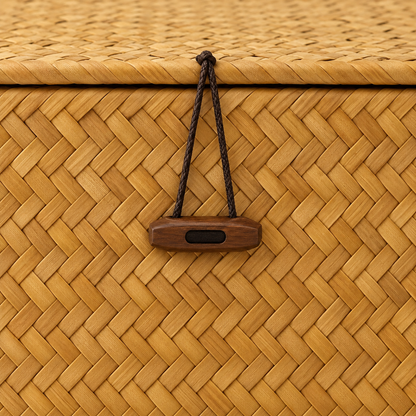 Close-up of the cord loop over the toggle on the front of the seaweed basket, with the herringbone weave around it