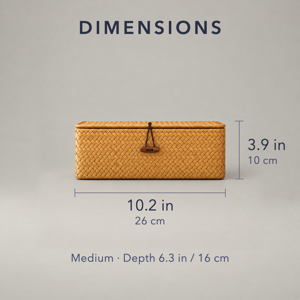 Dimensions of the medium seaweed storage basket, 10.2 in long by 3.9 in tall and 6.3 in deep