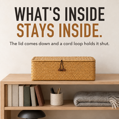 A closed woven seaweed basket on an open shelf above shelves of books and a lamp, with the words What's Inside Stays Inside