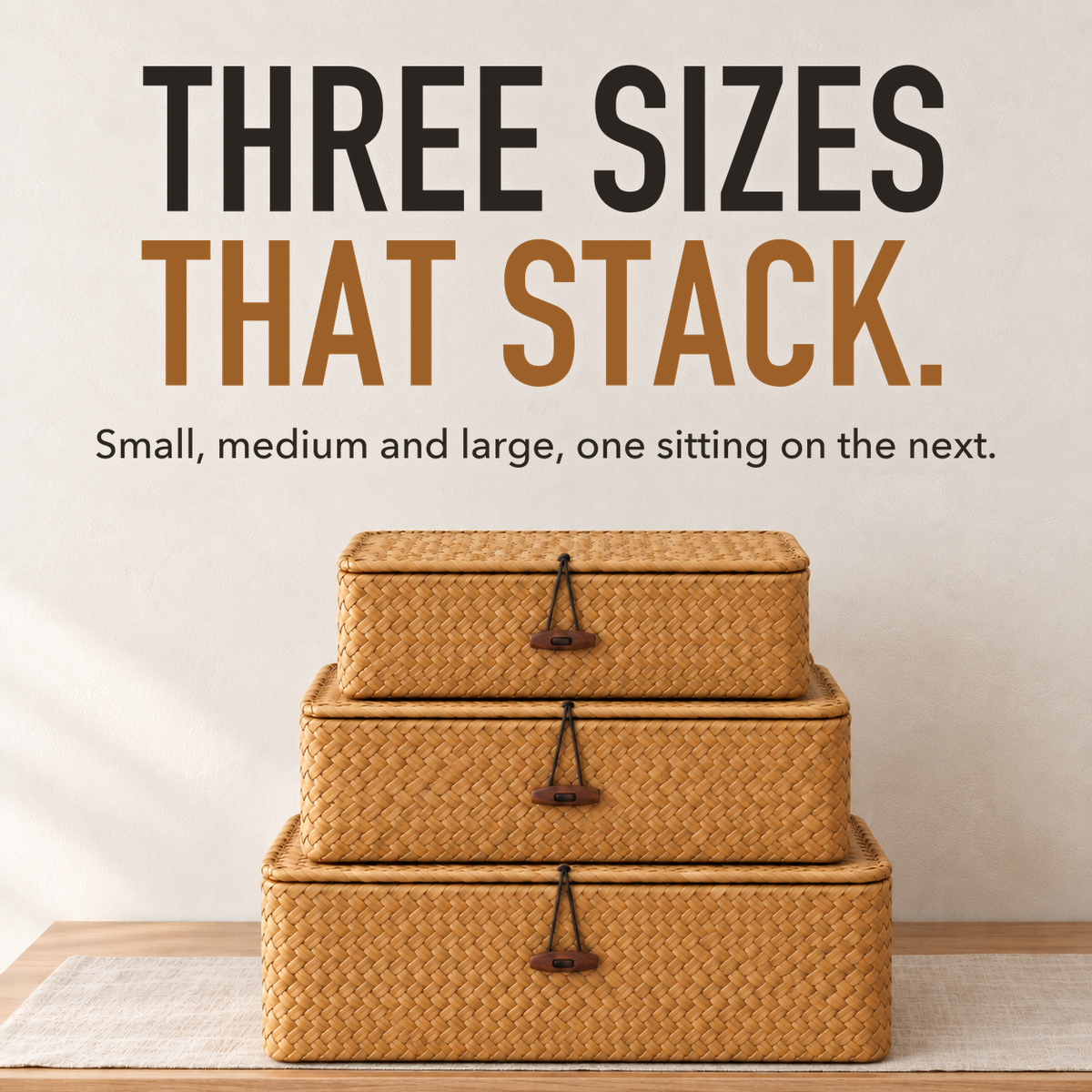 Three woven seaweed storage baskets stacked by size on a chest of drawers, with the words Three Sizes That Stack
