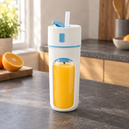 Portable blender cup with blue trim on a dark kitchen counter in morning light, full of orange juice with a straw standing in its flip-tab lid