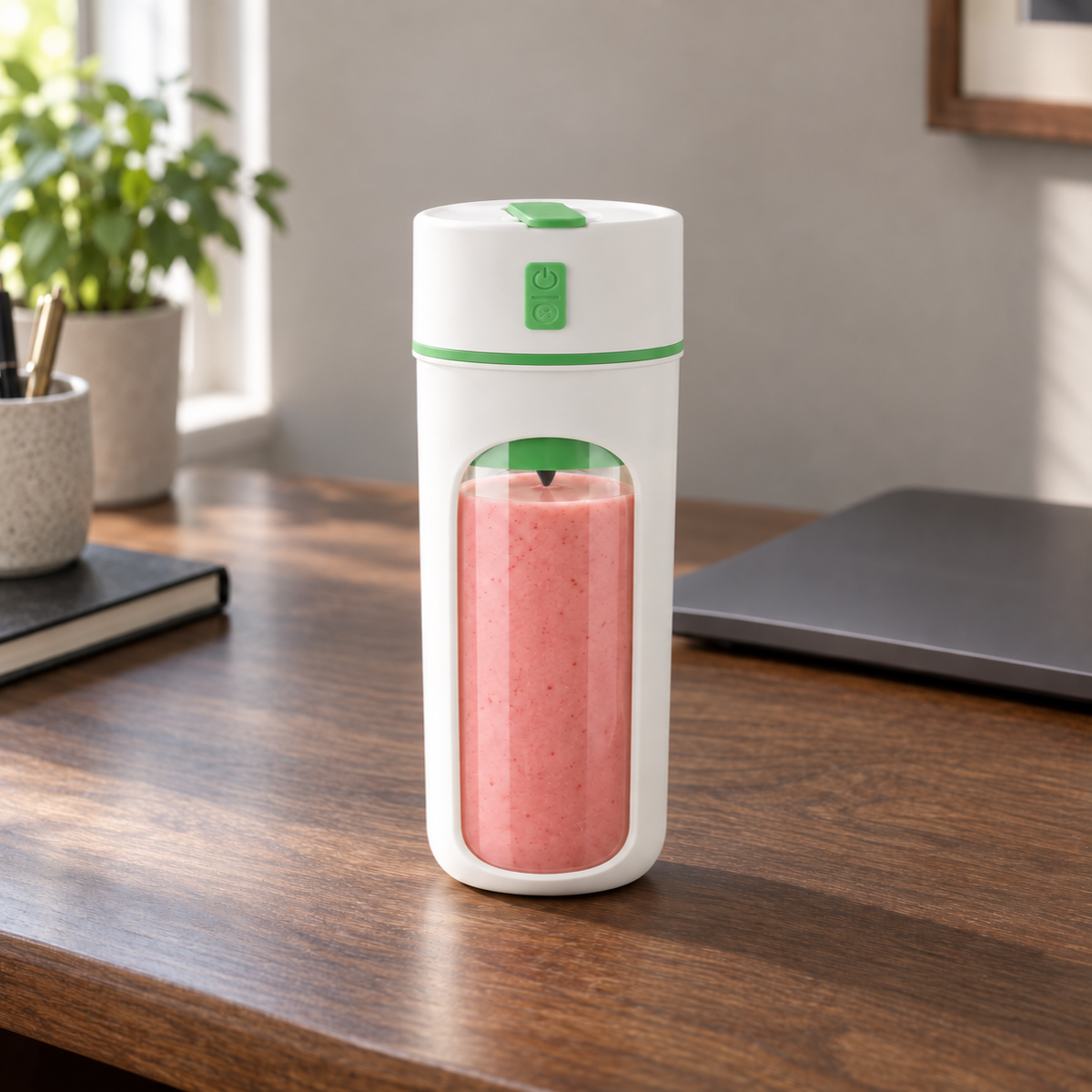 Portable blender cup with green trim on a walnut desk in daylight, full of pink smoothie with its flip-tab lid closed