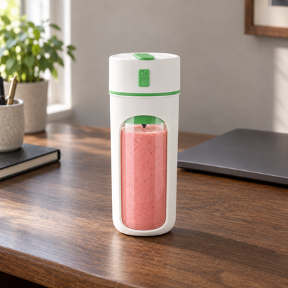 Portable blender cup with green trim on a walnut desk in daylight, full of pink smoothie with its flip-tab lid closed