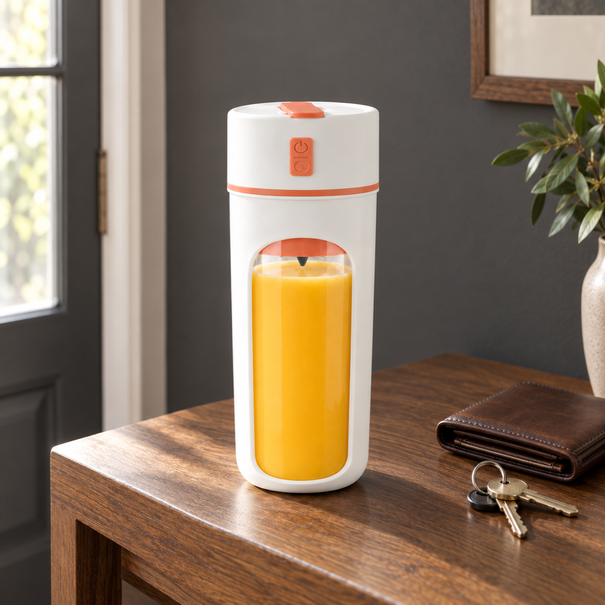 Portable blender cup with orange trim on a hallway console beside keys and a wallet, full of orange juice